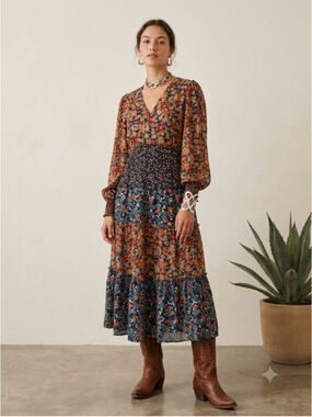 Umgee Boho Mixed Floral Maxi Dress S Smocked Waist Long Sleeve Metallic Thread